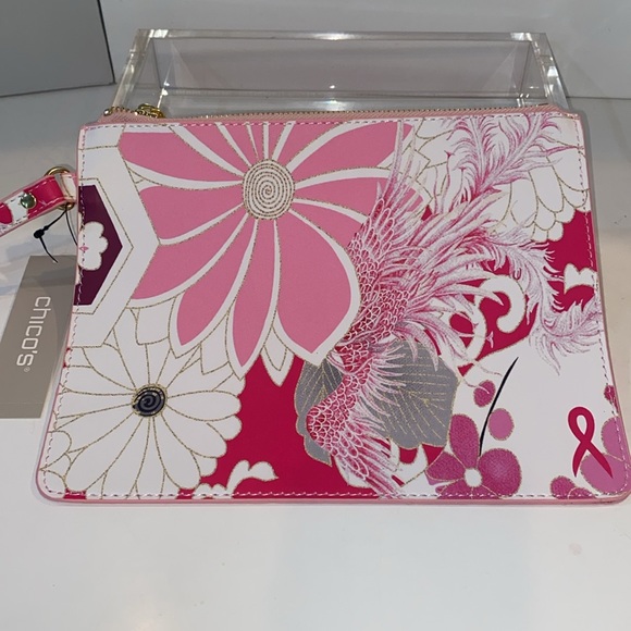 Chico’s Printed Zip Pouch w pink floral design & wristlet strap, LBBC Pouch NWT - Picture 11 of 12